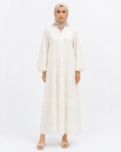 Beyaz Shion Nakışlı Uzun Elbise BG-0009