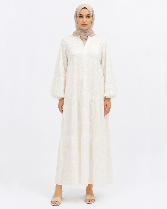 Beyaz Shion Nakışlı Uzun Elbise BG-0009