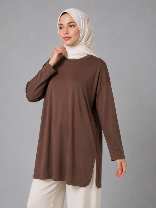 Kahverengi Soyaya Yırtmaçlı Tunik BG-0055