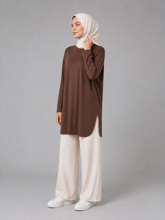 Kahverengi Soyaya Yırtmaçlı Tunik BG-0055