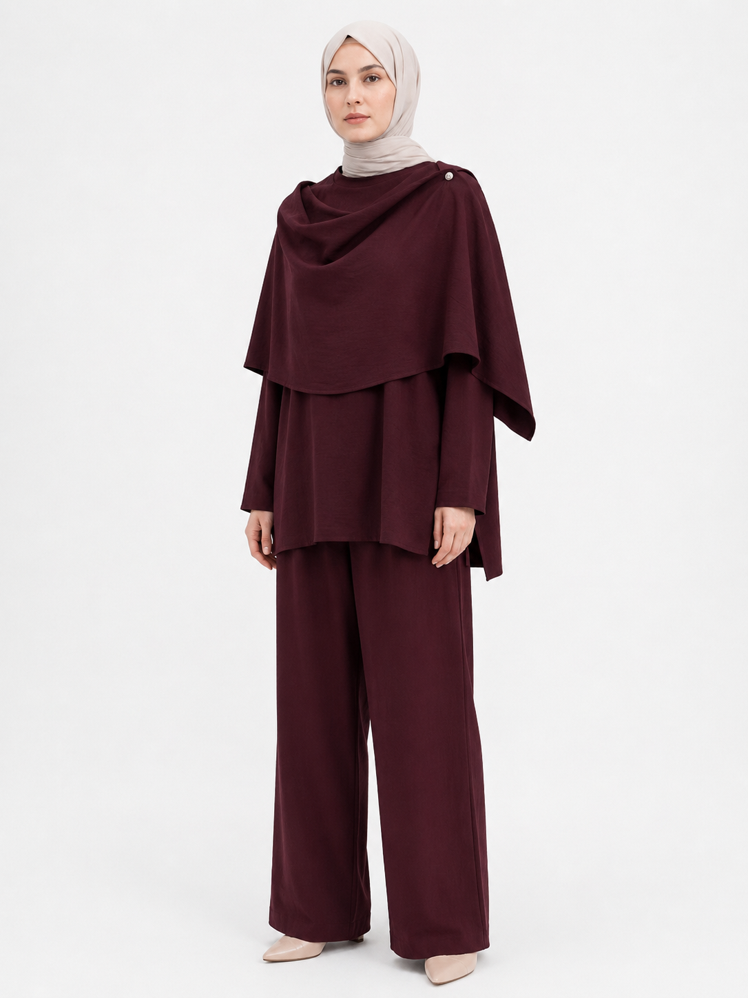 Bordo Rumbai Pelerin Detay Takım BG-0018