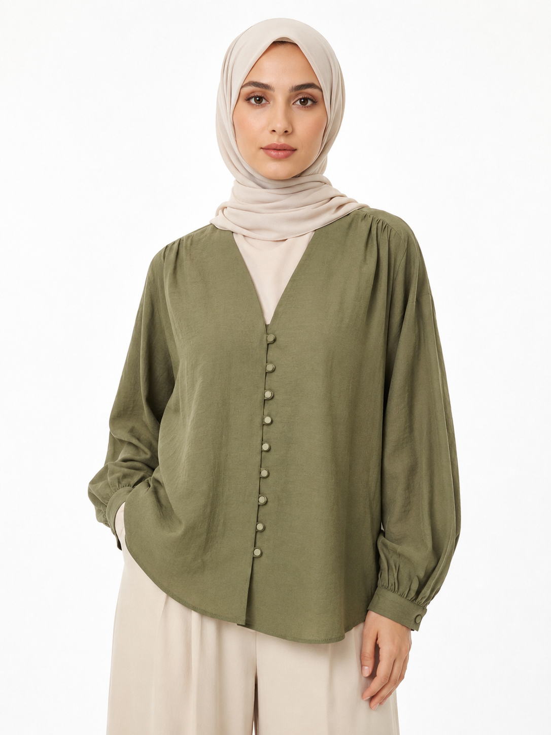 Haki Qisi V Yakalı Bluz BG-0010